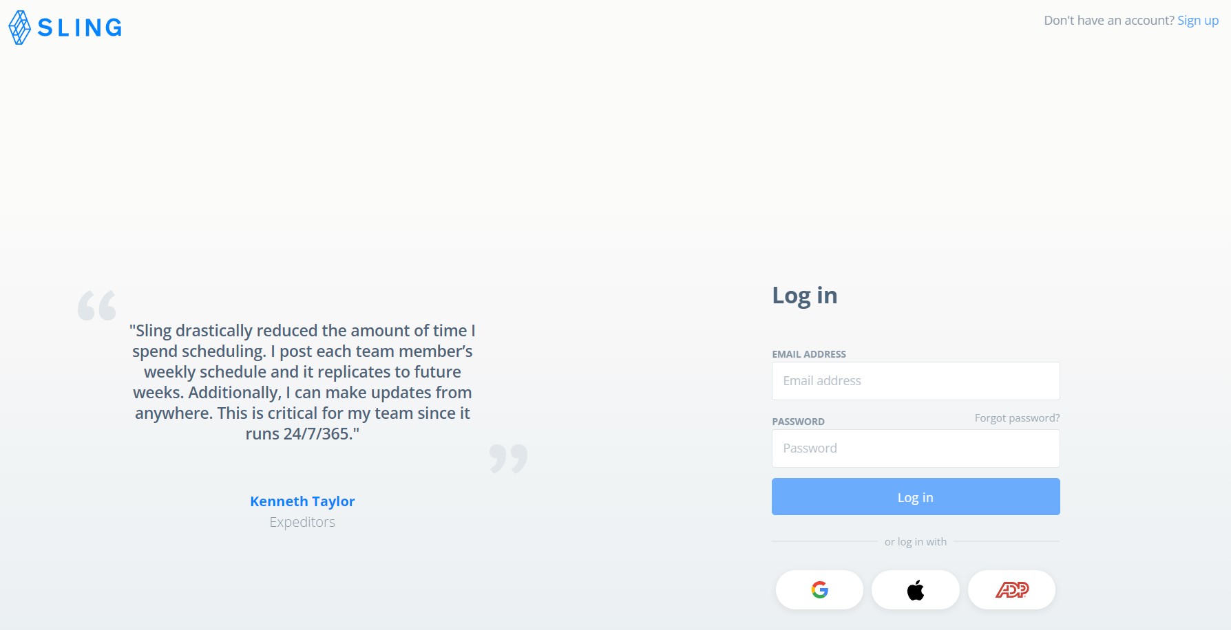 Sling log in page