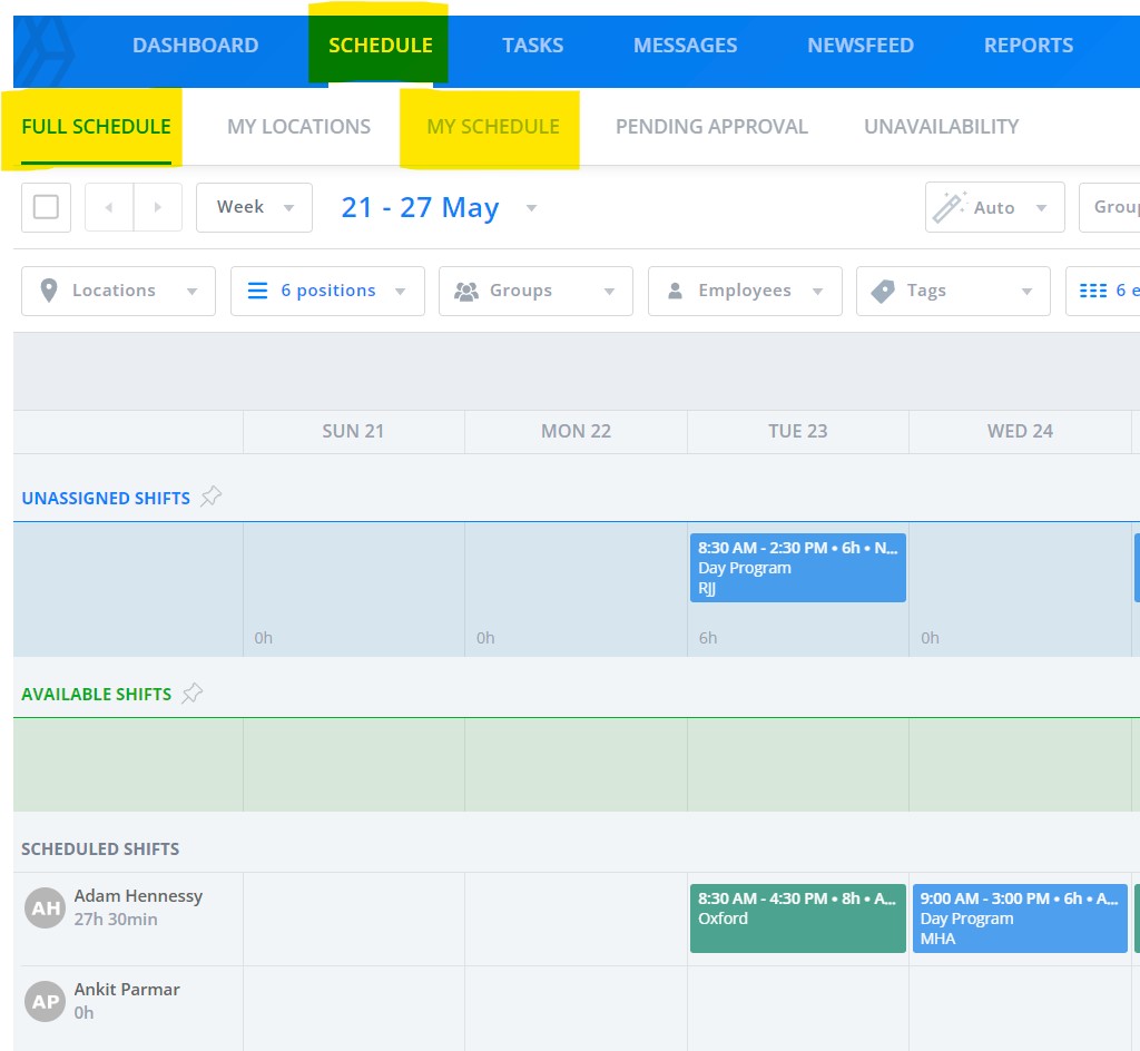 Viewing the schedule in the web app