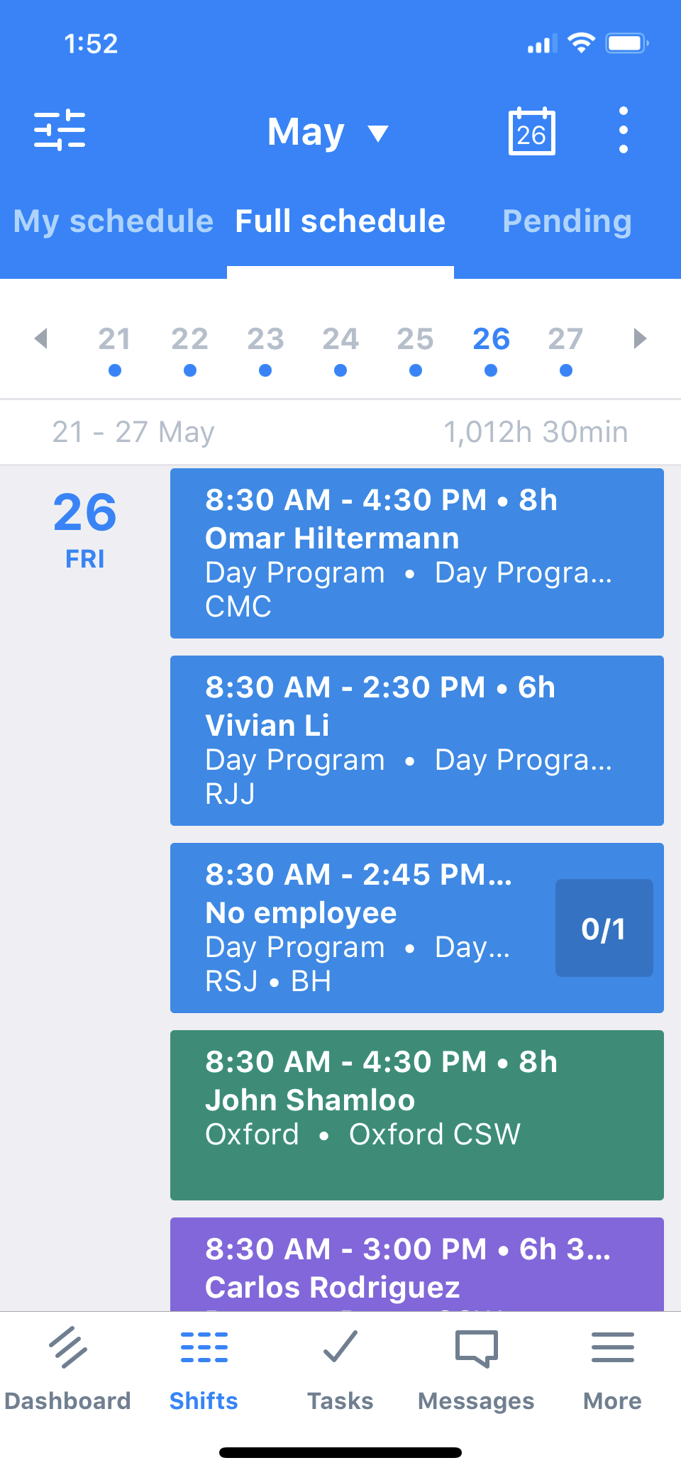 Viewing the schedule in the web app